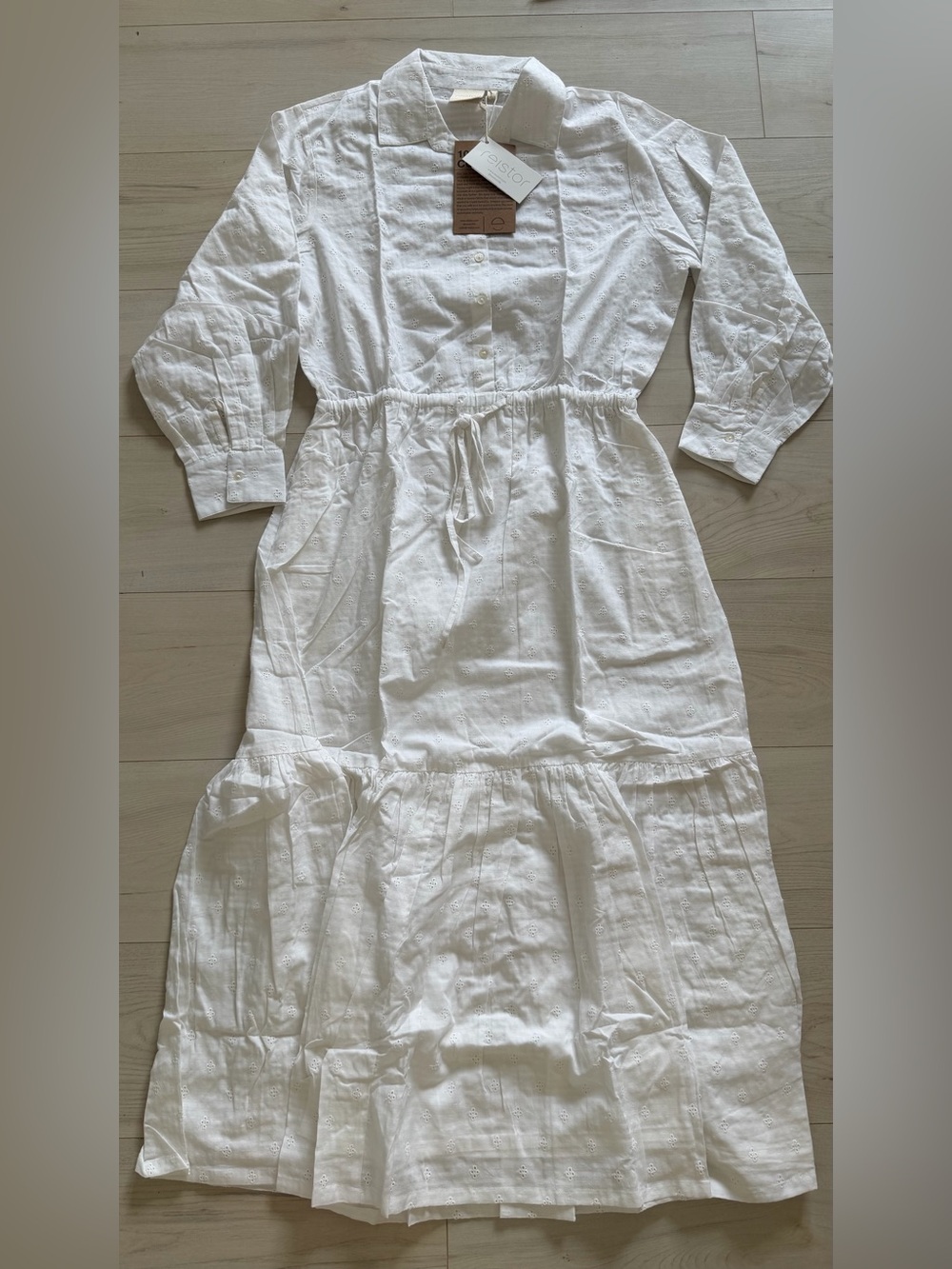 Reistor NWT Women's White Long-Sleeve Eyelet Maxi Dress with Drawstring Waist